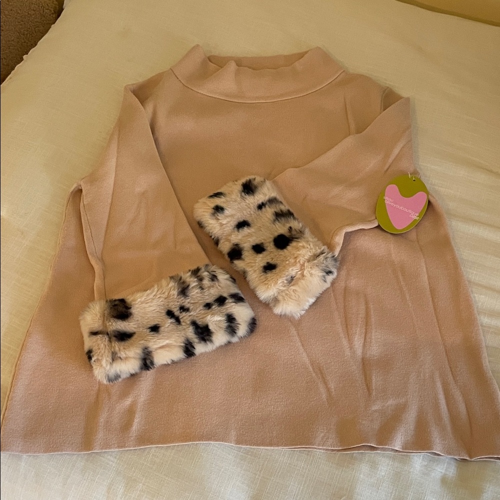 Women's Cream Sweater with Faux Fur Cuffs